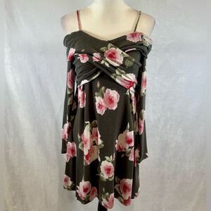 Peach Love long sleeve olive green and pink floral off shoulder dress medium